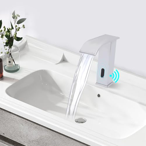 Kran med sensor, infraröd vattenfallskran automatisk sensor kall och varm armatur badrumskran tvättställsarmatur (silver)