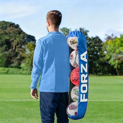 FORZA Tube Ball Bag | Holds Up to 5 Size 5 Footballs - Lightweight Nylon & Mesh Ball Carry Bag - Adjustable Shoulder Strap & Drawcord Closure - Multiple Colours (Blue)