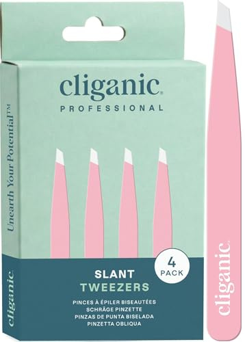 Cliganic Professional Eyebrow Tweezers Slant Tip - Precision for Men & Women, Stainless Steel Best for Plucking Chin Facial Hair (Pink, 4 Pack)