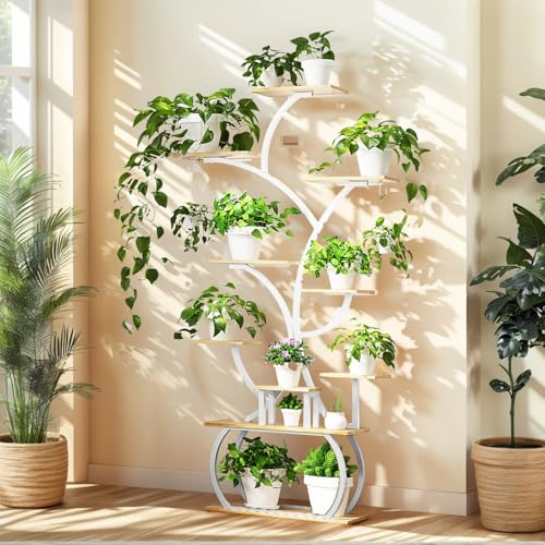 VINGLI Support Plantes avec Lampe de Croissance À 8 Niveaux, etagere plante en Fer et Bois sur Roues, 161,5 x 79 x 26 cm, pour Salon Balcon, Tube Blanc + Panneau Chêne 4 sorties LED