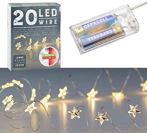 Cepewa Catena luminosa con micro fili, a forma di stella, luce bianca calda, argento, a batteria, decorazione natalizia, timer (1 x 20 LED, con micro fili, catena luminosa da 220 cm)