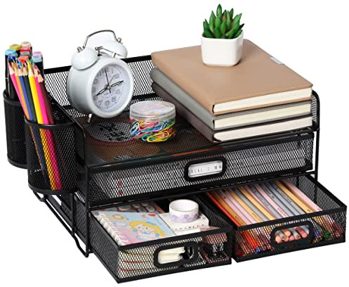 3-Trays Desktop Organizer mit Schublade, Mesh Büro Schreibtisch liefert Organizer Dokumenten Buchstaben Tray Halter für Büro Home (2 Stifthalter)