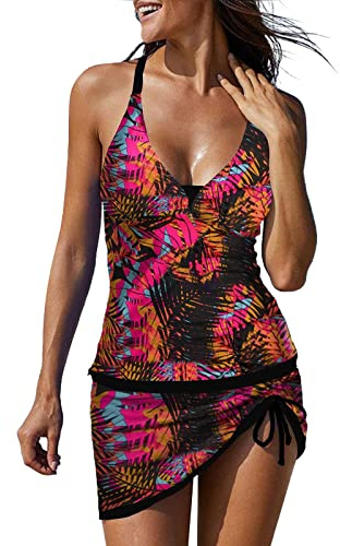 Maillot De Bain Jupette Femme Ventre Plat Tankini Robe Rétro Réglable Col en V Ruched Jupe De Bain Bikini Jupette Irrégulière Robe De Plage avec Cordon Mode Imprimé Beachwear Swimsuits