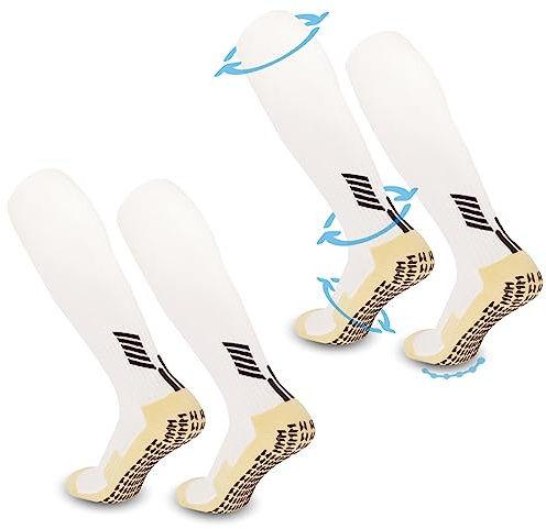 FIBOGOUP Calcetines Medias futbol | Niños adultos de tamaño universal| Suaves, Antideslizantes | Soporte para Tobillo y Pie | Perfectos, Transpirables | Tiro de balón perfecto. 2 pares de blancos