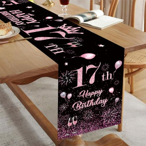 Happy 17th Birthday Table Runner for Girls Black Pink 17th Birthday Party Decorations Women 17 Years Old Birthday Dining Table Linen Non-Slip 180*35cm