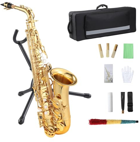 Senfot AS-100 Eb Alto Saxophone Gold Lacquer Alto Sax Full Kit With Cleaning Cloth, Gloves, Brush, Headjoint, Reed, Strap, Stand, Tube Case, Saxophone for Beginners and Professional, Gold
