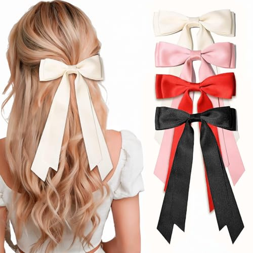 ZUFIO 2PCS Silky Satin Hair Bows Clip Hair Ribbon Ponytail Holder Accessories Slides Metal Clips Bow for Women Girls Toddlers Teens Kids (Pink+Black, M)