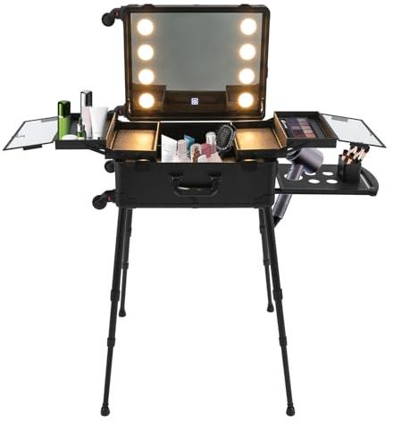 Maletín de Maquillaje para Mujer con Ruedas - Maleta de Belleza para Viajes con Patas Ajustables en Altura, 8 Luces LED y Espejo