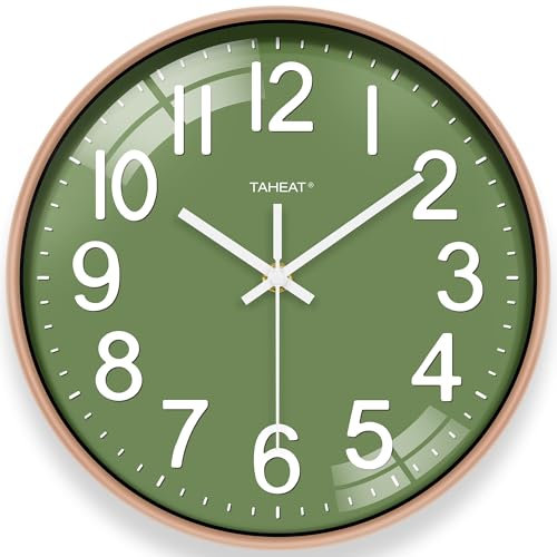 TAHEAT Horloge Murale, Moderne, 30 cm, Vert et doré, sans Bruit de tic-tac pour Salon, Cuisine, Bureau, Chambre à Coucher, école