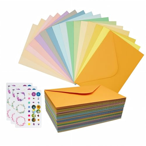 Farbige Briefumschläge 16 Farben, 80 Stück 130g/㎡ Briefumschläge Bunte 17.6 * 12.6 cm, Umschläge Bunt mit 3 Blatt Selbstklebende Aufklebern für Geburtstage, Hochzeiten, Partys