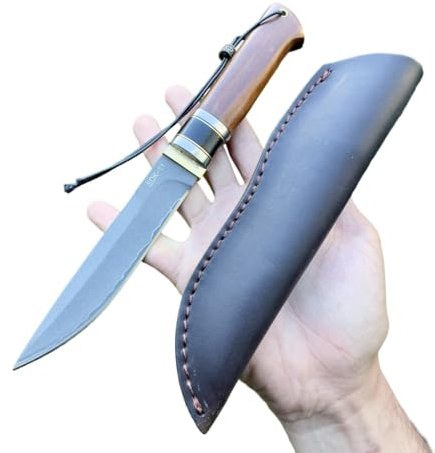 Obespina Couteau Damas intercouche nickel 5 couches Japonais Bois d'ébène Étui cuir Collection Custom Cadeau Homme Chasse forge artisanat camping lame fixe tranchante custom drop point edc