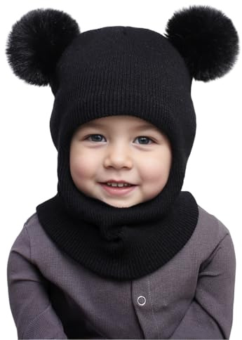 DRESHOW Cappello Passamontagna Bambino Inverno Bambini Cappello Invernali Calda Cappuccio con Morbido a Maglia Sciarpa con Pompom per Bambini Ragazzi Ragazze 1-6 Anni