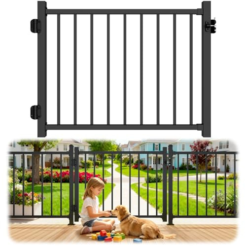 Guwezoy W.4ft x H.36in Aluminum Deck Gate Outdoor, Cuttable Porch Gate Kit with Latch and Auto-Closing Hinge, AAMA 2604–Grade Sand-Texture Black Outdoor Gate for Deck Railing Patios, Porch, Garden