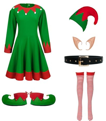 LYBOHO Costume Lutin Femme,6 pièces Deguisement Lutin Femme Robe Elfe, Ceinture, Chapeau, Oreilles, Chaussettes pour Noël, Carnaval