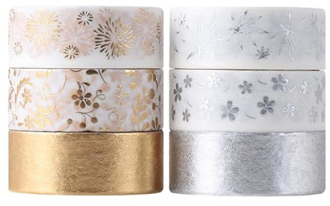 Aihoom Lot de 6 Rouleaux de Ruban Adhésif Washi, Décoratifen Argent et Motif Cuivre, Pour Scrapbooking, DIY, Art, Loisir Créatif, Papier Cadeau, Coloré, Vintage, Mariage, Album Photo