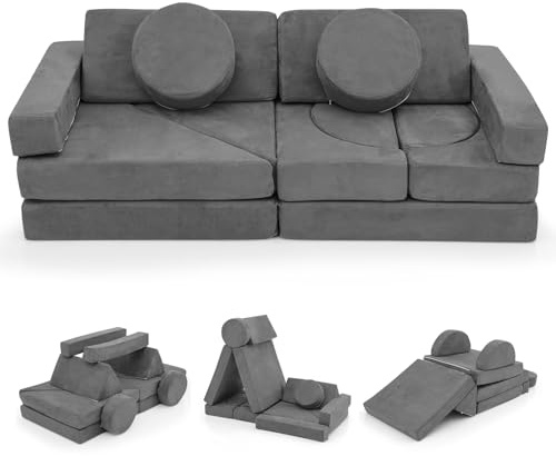 COSTWAY Kids Play Couch, Modular Soft Foam Playset with Machine Washable Suede Cover, Fold Out Convertible Children Sofa Bed for Kidsroom Bedroom Living Room