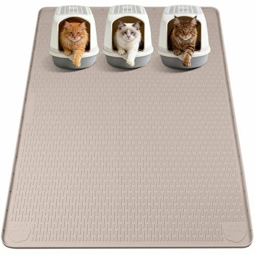 Bartuke Kattströmatta XXL, 178 x 114 cm kattlådematta silikon, kaki | Kattlåda matta underlag XXL, överdimensionerad silikonmatta katt med kant, kattlåda matta, vattentät avtorkbar