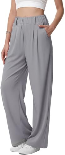 Neteson Pantaloni Donna Eleganti Vita Alta Pantaloni Palazzo Larghi Sciolto Pantaloni da Lavoro a Gamba Larga Pantalone Comodi Leggeri Elastico Lunghi con Tasche per Business Ufficio Casual