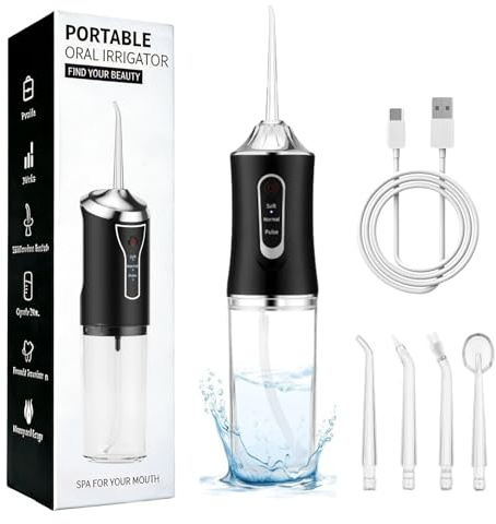 Idropulsore Dentale Portatile Denti, Water Flosser, Scovolino Denti, Irrigatore Orale 4 Modalità e 3 Intensità, Serbatoio da 230ml, Wasserdicht und Wiederaufladbar per Viaggi e Casa