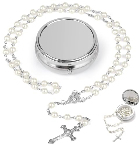 Cossaot Rosenkranz Katholisch, Rosenkranz Kette mit Weiß Perlen, Silver Simple Style Metal Gift Box, Cross Necklace Als Geschenk für Frauen & Mädchen, für Zuhause Beten, Kommunio, Taufe
