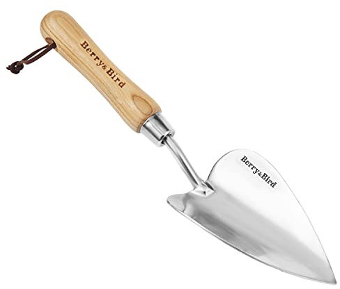 Berry&Bird Garten Topfkelle, Edelstahl-Handschaufel mit Holzgriff, kleines Spaten-Gartenwerkzeug zum Pflanzen, Bodenlockerung, Umpflanzen, Graben, Jäten und Dünger-Mischen
