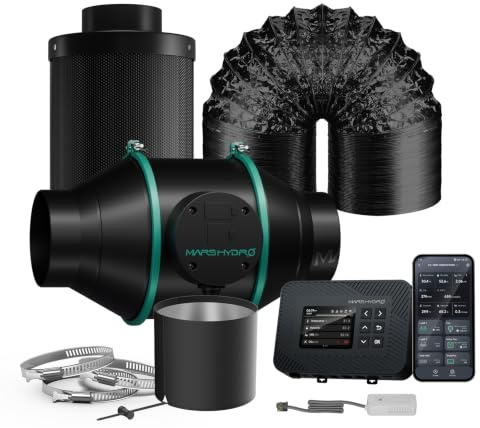 MARS HYDRO 4 Inch Inline Fan and Filter with Temperature and Humidity Controller, Carbon Filter, 33ft Length Flex ducting, 3 Duct Clamps