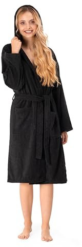 Twinzen Bademantel Damen - 100% Baumwolle (350g/m²) OEKO-TEX® Zertifiziert - Morgenmantel Damen mit Kapuze, 2 Taschen, Gürtel - Schwarz - L