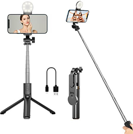 GRIFEMA Palo para selfies GB1003-1, palo para selfies extensible con luz de relleno, soporte Bluetooth inalámbrico desmontable, compatible con iPhone, Sumsung Galaxy, Huawei y más