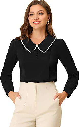 Allegra K Chemisier en Mousseline de Soie avec col Claudine pour Femme avec Garniture au Crochet Noir XL