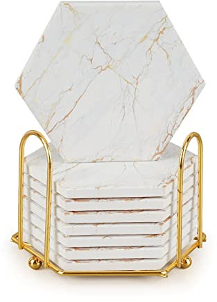 Marmor Untersetzer Gold,Geichan 8er Set Absorbierender Getränkeuntersetzer mit Halter, Gold Keramik Untersetzer Coasters mit Korkbasis für Wohnkultur, Bars, Cafés, Haus, Party, Büro