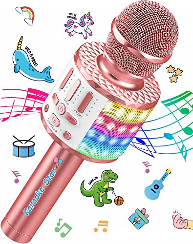 Mikrofon Karaoke 3-15 Jahre, Tragbares Bluetooth Handmikrofon mit LED Licht, Bluetooth Karaoke für Kinder und Erwachsene, Mädchen Jungen Geschenke, Zuhause KTV Kompatibel Android IOS PC - Rose