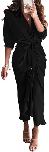 BTFBM Summer Dresses for Women 2026 Long Sleeve V Neck Button Down Elegant Belted Ruched Satin Silk Shirt Spring Dress(Black, Small)