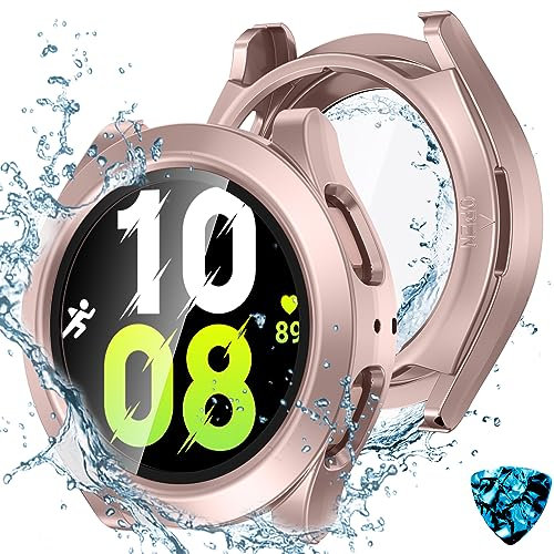 Kamita Wasserdicht Hülle für Samsung Galaxy Watch FE (2024)/Watch 5/Watch 4 40mm, Härte PC Bumper Case mit Displayschutz aus Gehärtetem Glas, Rundum Schutzhülle für Galaxy Watch4 Watch5 (Roségold)