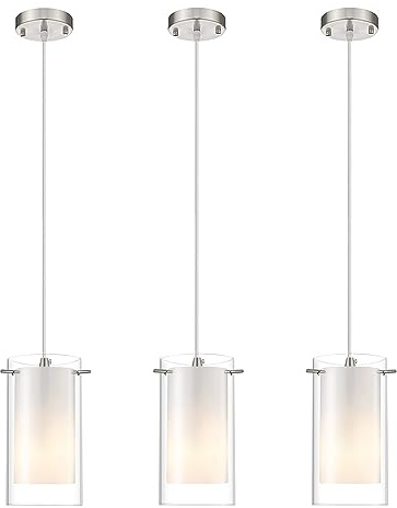 AKEZON 3-Light Pendant Light, Indoor Glass Hanging Light Fixture, Adjustable Height, Brushed Nickel Finish for Kitchen Dining Room