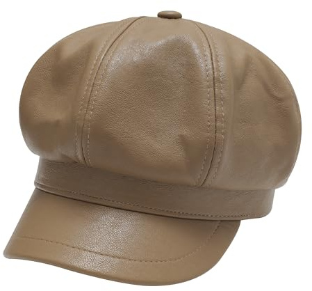 ZLYC Gorras de Cuero PU para Mujer Estilo Newsboy Gatsby Cabbie para niñas, Caqui, Talla única
