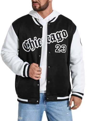Onsoyours Giacca da Baseball Uomo Bomber Jacket Peluche Caldo Giacca College Oversized Cappotto Sportivo Casual Giacca Bomber Vintage Sweat Jacket per Autunno Inverno A Nero XL