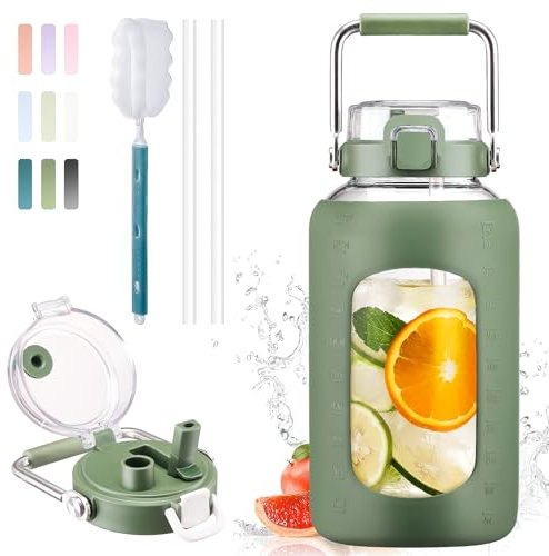 BLUEGO 2500ml Water Bottle Glass with Stainless Steel Handle 2.5L Large Water Bottle with Time Markers and Silicone Sleeve Half Gallon Water Jug BPA Free for Gym Daily Use, Olive