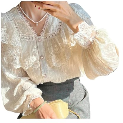 Vintage French Women Shirts Lace Lolita Elegant Long Sleeve Flounce Blouse Office Lady Chic Female Tops