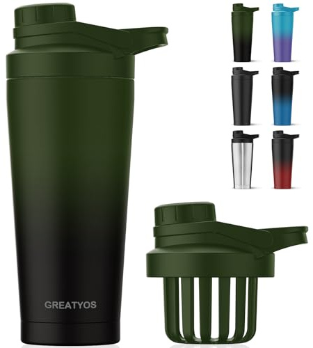 Greatyos Stainless Steel Shaker Bottle with Noise-Free Design - Patented 24 oz Insulated Metal Shakers Bottles Cup for Protein Mixes and Pre Workout 100% Leak Proof (Black Forest)