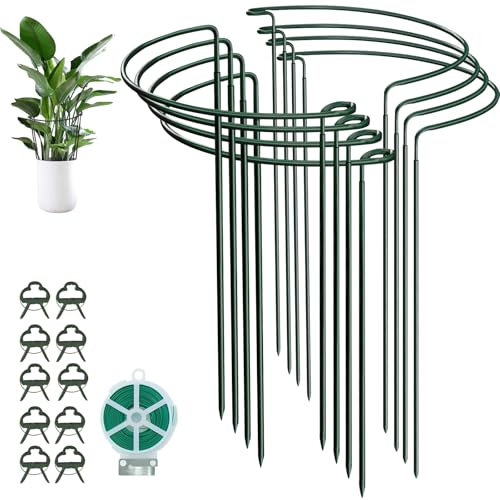 Plant Supports Metal for Outdoor Plants - 8 Pack 25×40cm Half-Round Plant Support Stakes with 20 Plant Clips for Protects Garden Plant Stems for Hydrangea Vegetables Rose