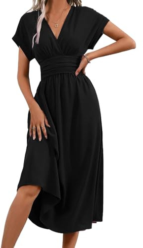 LIAMERHE Robe Hiver/Été Femme Élégante Col en V Manches Longues/Courtes Robes Casual Solide Taille Haute Ligne A Robe Longue Robe de Mariage Décontractée