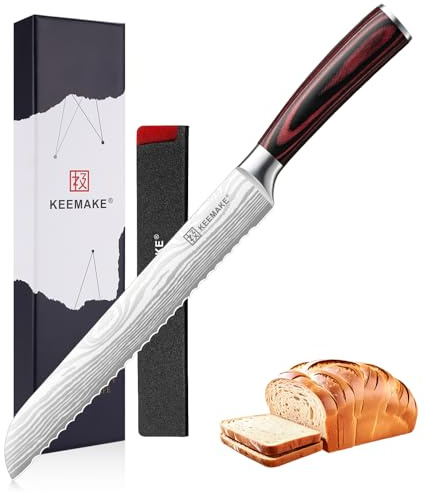 KEEMAKE Couteau Cuisine à Pain 20 cm, Couteau a Pain Professionnel avec Fourreau de Lame, Couteaux de Cuisine en Acier Inoxydable pour Boulangerie