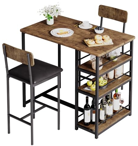 2 Seater Dining Table and Chairs Set, Kitchen Breakfast Bar Table Set with 2 Upholstered Chairs and 3-Tier Storage Shelves, Kitchen Table Set for Small Space, Apartment, Dining Room, Bistro, Brown