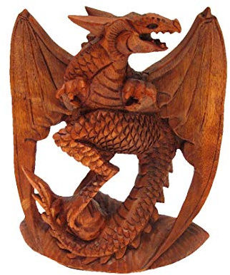 Brave Wings Handmade | Roaring Flying Dragon 22cm High | Hand Carved and Painted Wooden Ornament Sculpture Figurine Statue Unique Table Decoration Home Decor - 564