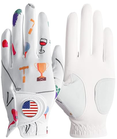 Amy Sport Ladies Golf Gloves with Ball Marker Left Right Hand Rain Grip Pack, Soft Women’s Glove All Weather Printed Breathable Small Medium Large XL (Wine&Golf, Medium-Worn on Left Hand)