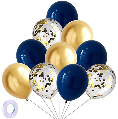 Lot de 30 ballons en latex avec 1 ruban - Décorations pour fêtes d'anniversaire, mariages, anniversaires de mariage et célébrations - Bleu marine, confettis et doré métallisé - 30,5 cm