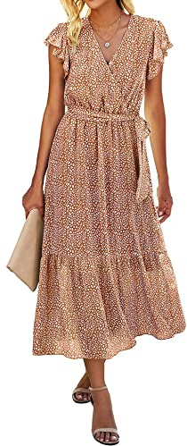 Sevetat - Abito lungo da donna in chiffon boho con cintura, abito estivo da festa, elegante scollo a V, maxi abito da sera con volant, abito da spiaggia, abito da cocktail, Colore caffè., L