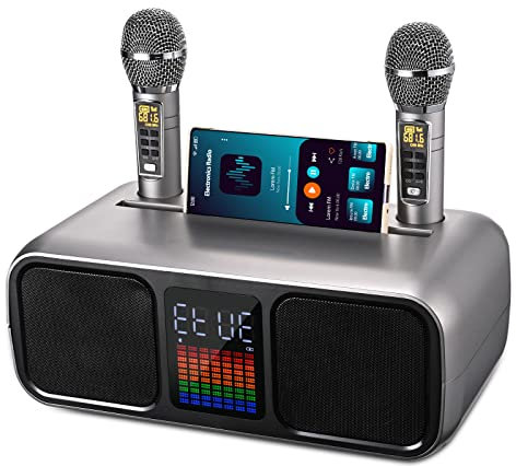 GJCrafts Karaoke Bluetooth con 2 Micrófonos Inalámbricos, Karaoke Profesional Completa con Pantalla Táctil/Luz LED/Soporte para Teléfono Celular, Altavoz de Karaoke con USB/Tarjeta TF/AUX(Plata)