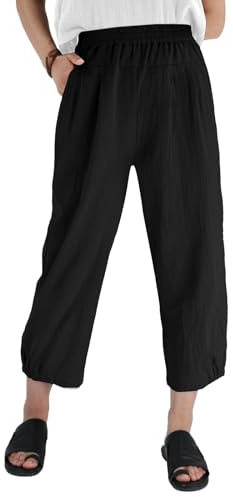 Les umes Pantalon Femme Été Fluide Coton Décontracté Pantacourt 7/8 | Taille élastique Pantalon Ample Baggy Harem Pantalon avec Poches