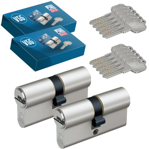 BASI | 2er SET V55 Profil-Doppelzylinder N+G 45/50 mm | Gleichschließend | Zylinderschloss mit 5 Wendeschlüssel | Not- und Gefahrenfunktion | Pickingschutz & Anbohrschutz | Türzylinder Schließzylinder